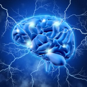 Blaues Bild eines Gehirns in welchem die Elektroimpulse der Nervenreizweiterleitung ersichtlich sind.